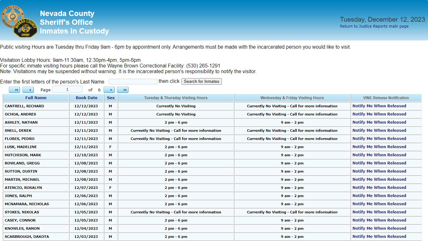 Inmates in Custody - County of Nevada Public Reporting